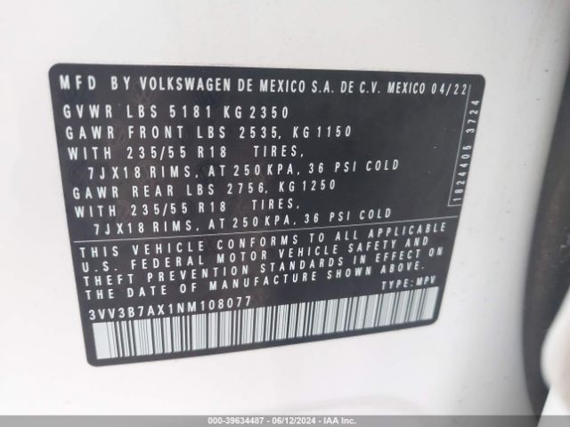 3VV3B7AX1NM108077 Volkswagen Tiguan 2.0t Se
