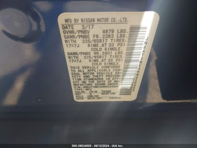 JN8AT2MV3HW020494 Nissan ROGUE S