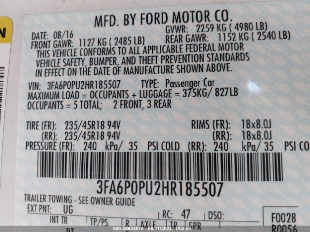 3FA6P0PU2HR185507 Ford Fusion Energi Se Luxury