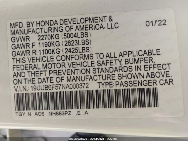 19UUB6F57NA000372 Acura Tlx A-spec Package