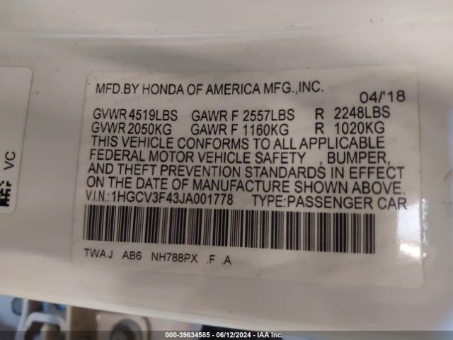 1HGCV3F43JA001778 Honda Accord Hybrid Ex
