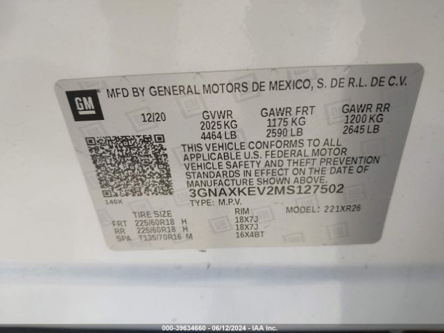 3GNAXKEV2MS127502 Chevrolet Equinox Fwd Lt