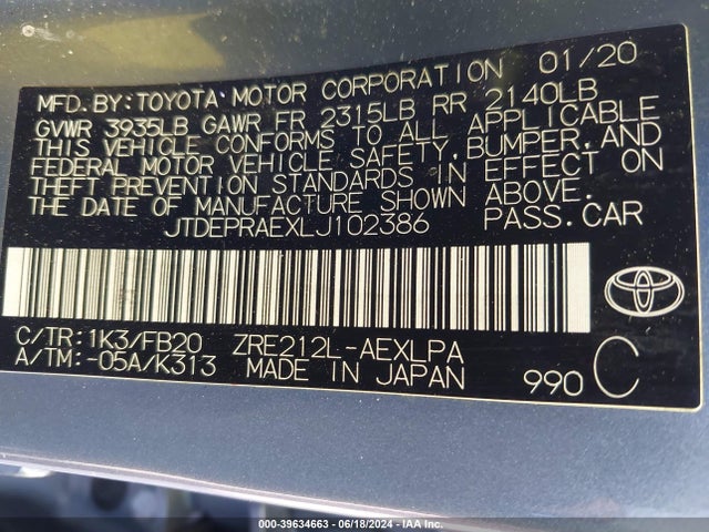Toyota COROLLA LE 2020 JTDEPRAEXLJ102386 Image 9