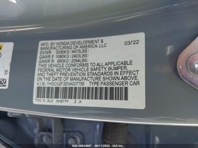 1HGCV2F32NA007756 Honda Accord Sport 2.0t