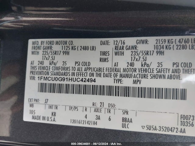 Ford ESCAPE SE 2017 1FMCU0G91HUC42494 Image 9