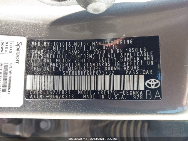Toyota COROLLA LE 2019 5YFBURHE6KP873732 Image 9