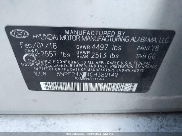 Hyundai Sonata 2016 5NPE24AF4GH389149 Image 9