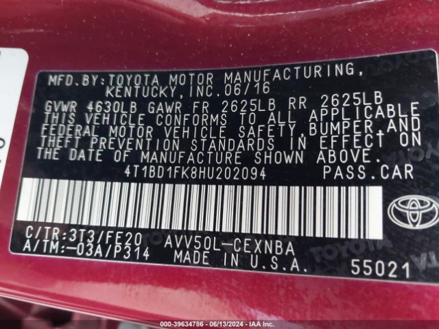 4T1BD1FK8HU202094 Toyota Camry Hybrid Le