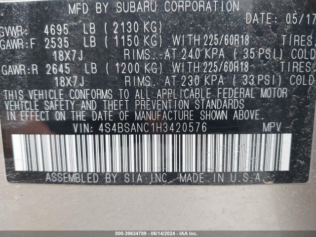 Aukcja sprzedaży 2017 Subaru Outback 2.5i Limited, vin: 4S4BSANC1H3420576, numer aukcji: 39634789