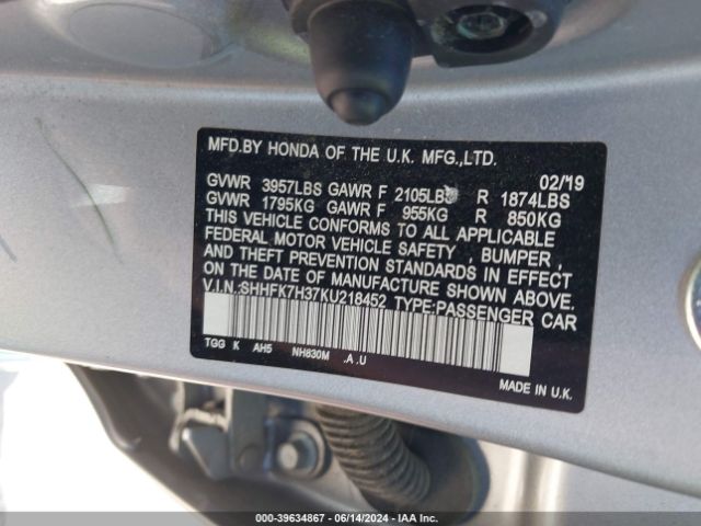 SHHFK7H37KU218452 Honda Civic Lx