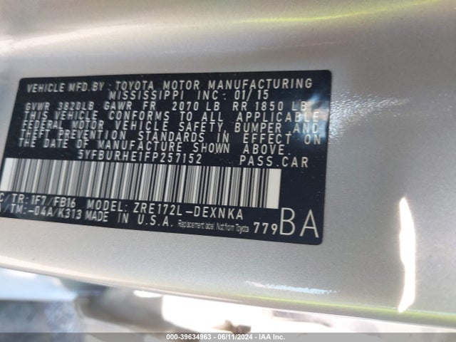 Toyota COROLLA LE 2015 5YFBURHE1FP257152 Image 9