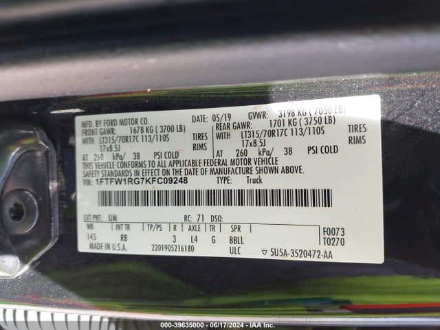 Ford F-150 Raptor 2019 1FTFW1RG7KFC09248 Image 9