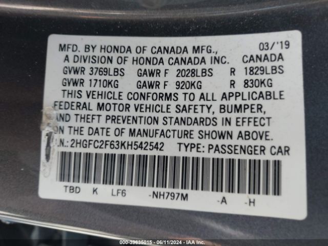 2019 HONDA CIVIC 2HGFC2F63KH542542 Photo 8