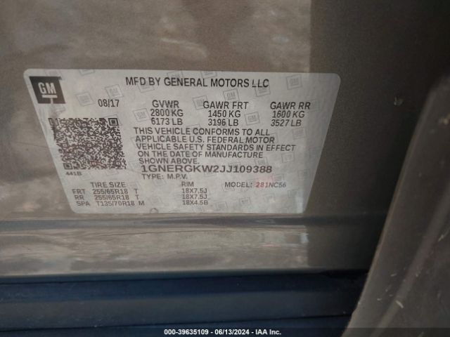 1GNERGKW2JJ109388 Chevrolet Traverse 1lt