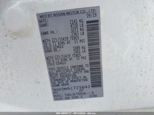 5N1AT2MV9LC725642 Nissan Rogue Sl Intelligent Awd