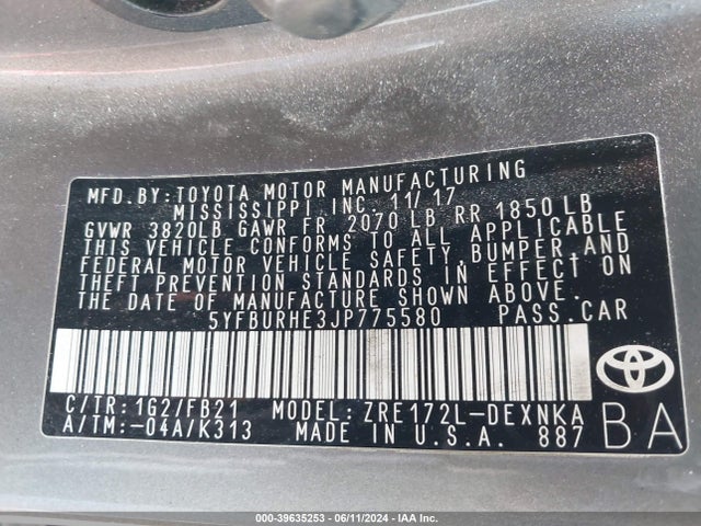 Toyota COROLLA LE 2018 5YFBURHE3JP775580 Image 9