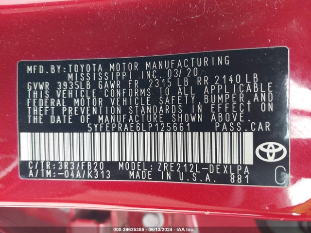 Toyota COROLLA LE 2020 5YFEPRAE6LP125661 Image 9