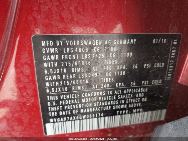 WVGAV7AX6GW069174 Volkswagen TIGUAN S