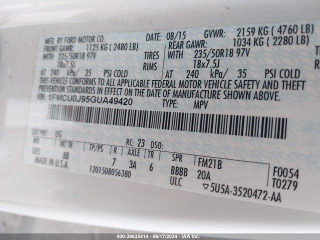 Ford Escape Titanium 2016 1FMCU0J95GUA49420 Image 9