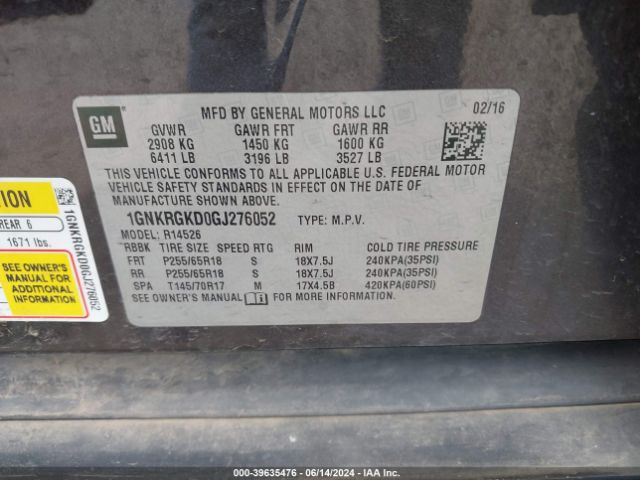 1GNKRGKD0GJ276052 Chevrolet Traverse 1lt