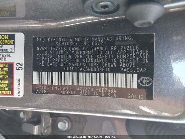 Toyota CAMRY XLE 2022 4T1F11AK6NU003610 Image 9