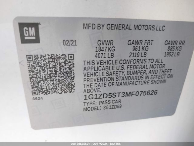 1G1ZD5ST3MF075626 Chevrolet Malibu Fwd Lt
