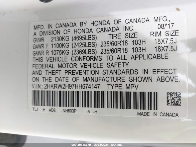 Honda Cr-v Touring 2017 2HKRW2H97HH674147 Image 9