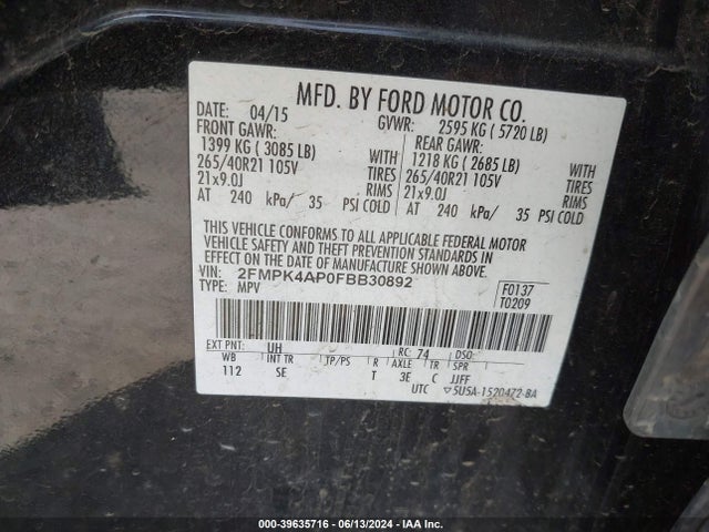 Ford EDGE SPORT 2015 2FMPK4AP0FBB30892 Image 9
