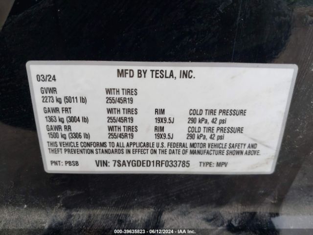 7SAYGDED1RF033785 Tesla Model Y Rwd