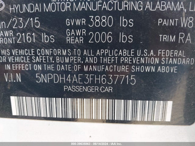 Hyundai ELANTRA SE 2015 5NPDH4AE3FH637715 Image 9
