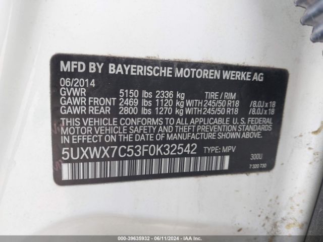 5UXWX7C53F0K32542 BMW X3 Xdrive35i