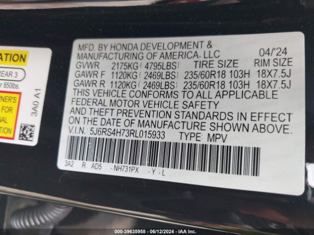 5J6RS4H73RL015933 Honda Cr-v Ex-l Awd