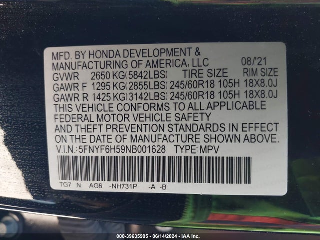 Honda Pilot Awd Ex-l 2022 5FNYF6H59NB001628 Image 9