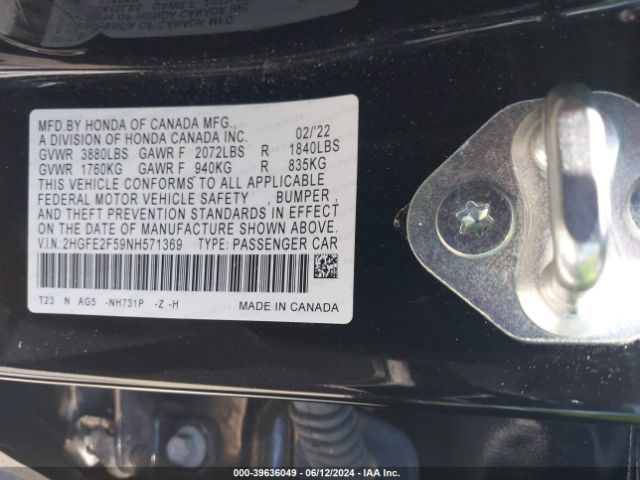 2HGFE2F59NH571369 Honda Civic Sport