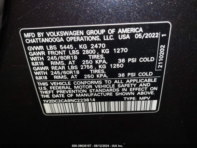 1V2DC2CA9NC223814 Volkswagen Atlas Cross Sport 2.0t Se