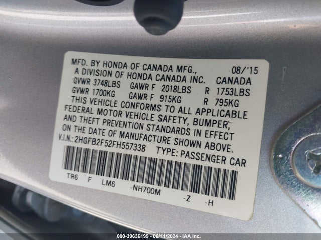 Honda Civic Lx 2015 2HGFB2F52FH557338 Image 9