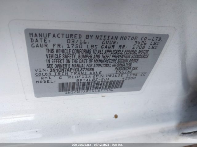 3N1CN7AP1GL877986 Nissan Versa 1.6 S/1.6 S+/1.6 Sl/1.6 Sv