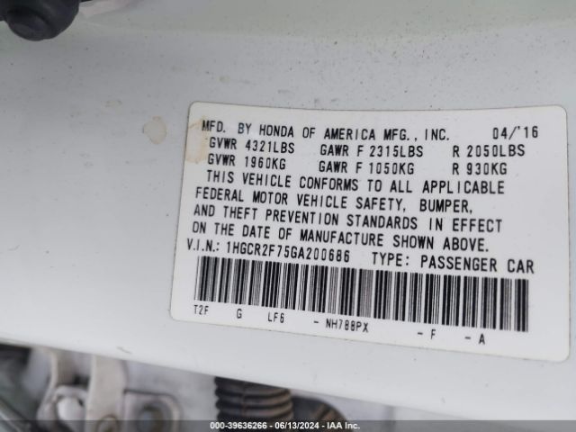 1HGCR2F75GA200686 Honda ACCORD EX