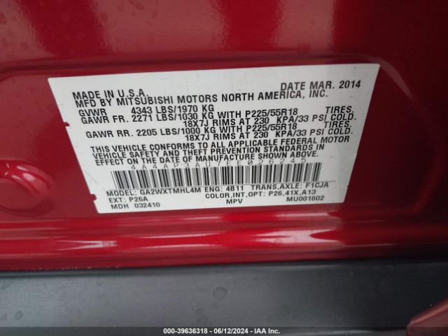 4A4AP3AU7EE026245 Mitsubishi Outlander Sport Es