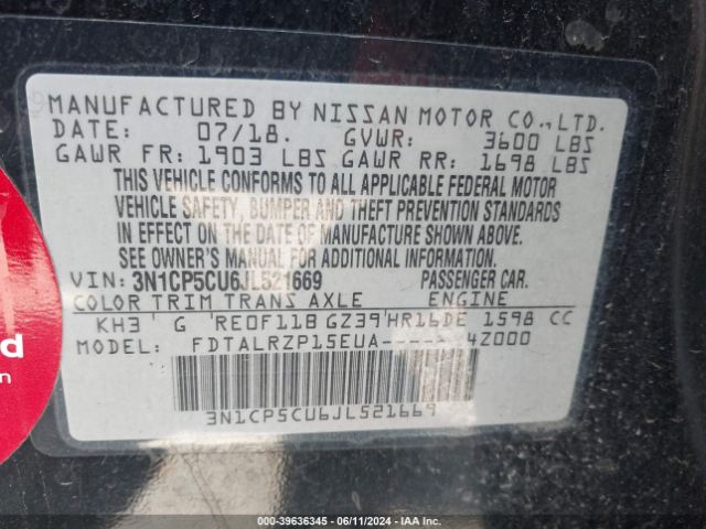 3N1CP5CU6JL521669 Nissan KICKS S