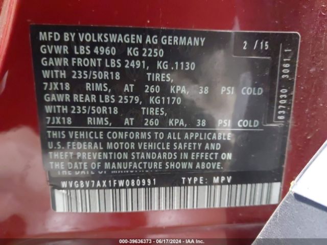 WVGBV7AX1FW080991 Volkswagen TIGUAN SE