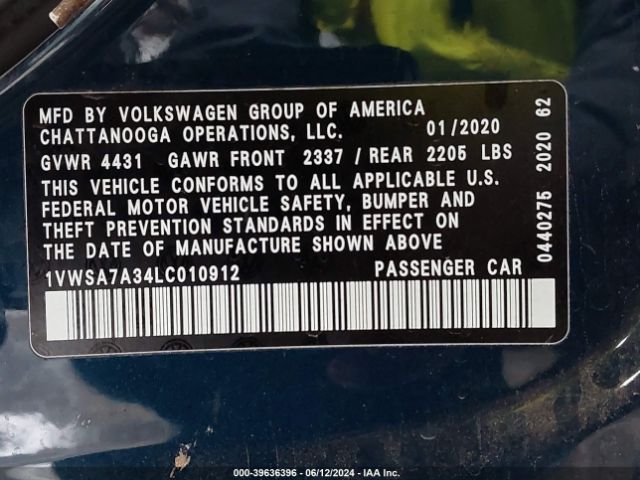 1VWSA7A34LC010912 Volkswagen Passat 2.0t Se