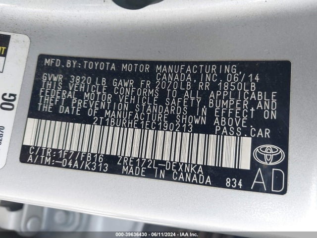 Toyota COROLLA LE 2014 2T1BURHE1EC190213 Image 9