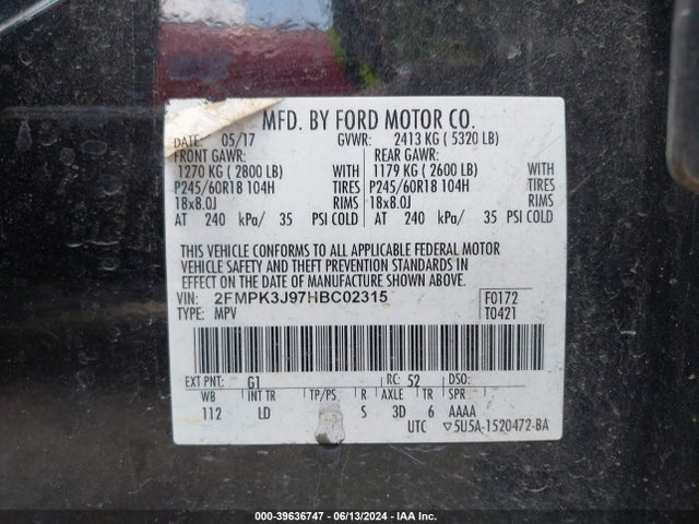 Ford EDGE SEL 2017 2FMPK3J97HBC02315 Image 9