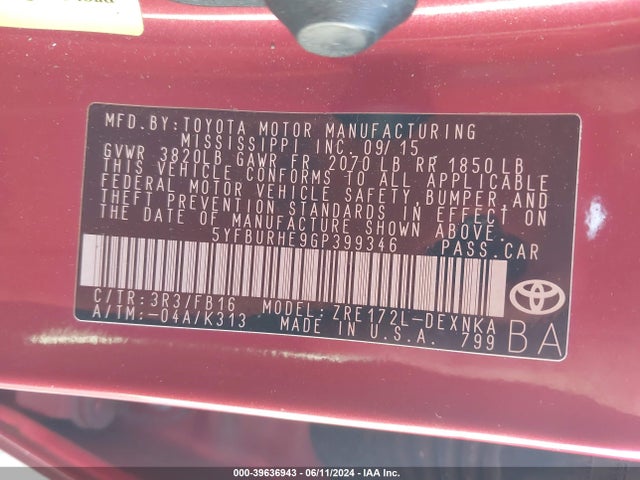 Toyota COROLLA LE 2016 5YFBURHE9GP399346 Image 9