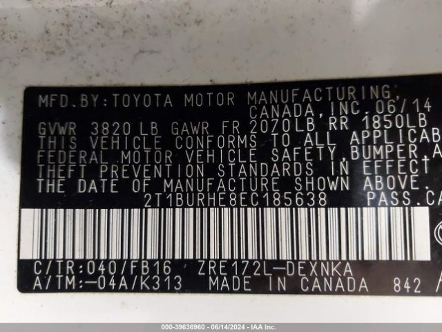 2T1BURHE8EC185638 Toyota Corolla Le Plus