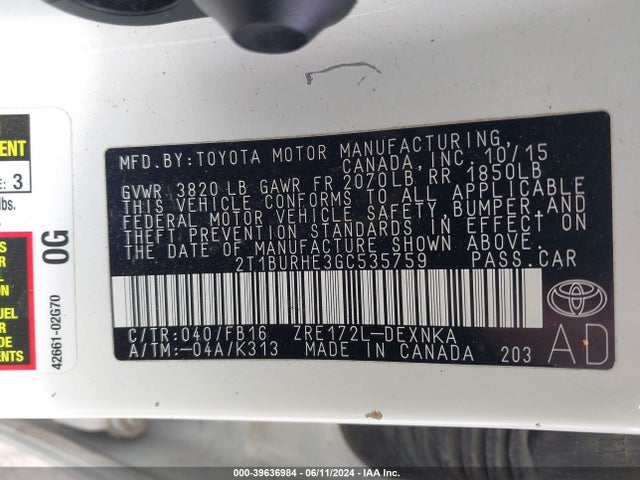 Toyota COROLLA LE 2016 2T1BURHE3GC535759 Image 9