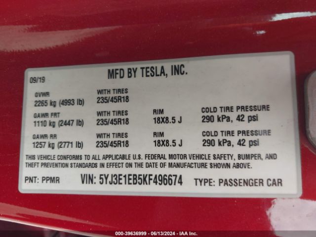 5YJ3E1EB5KF496674 Tesla Model 3 Long Range/performance