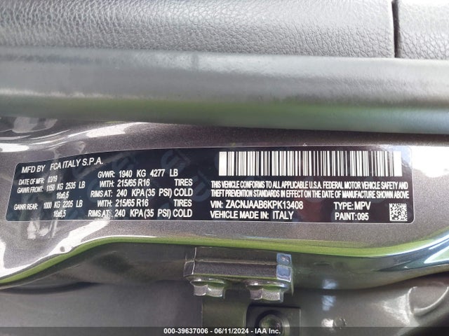 ZACNJAAB6KPK13408 Jeep Renegade Sport Fwd