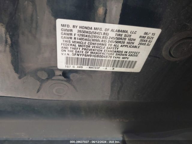 5FNYF6H91GB004870 Honda Pilot Touring
